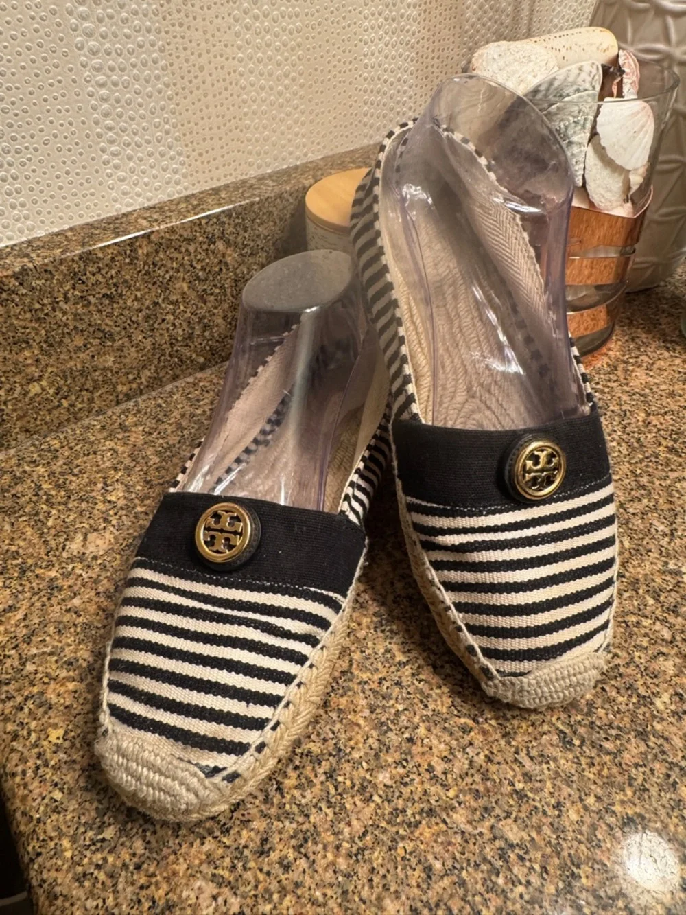 Tory Burch Black and White Striped‎ Espadrille Loafers with Gold Logo Size 9